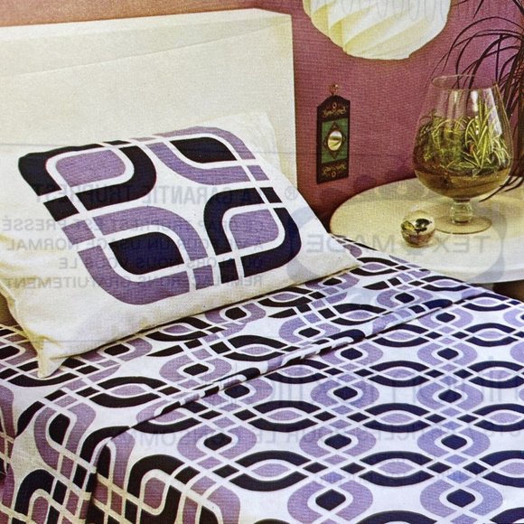 Texmade Labyrinth Truprest Twin Bed Flat Sheet Geometric Links 1970s Purple - Picture 13 of 15